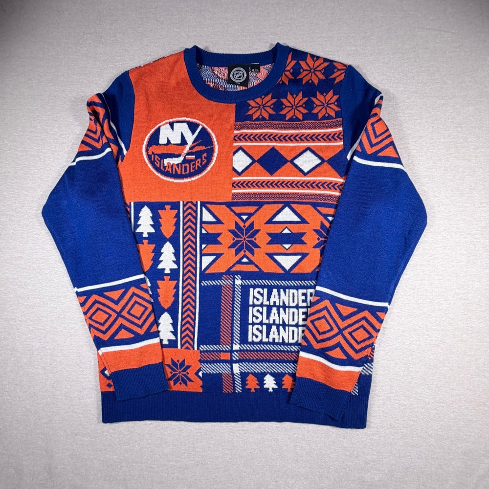 NHL New York Islanders Mens XL Ugly Christmas Sweater Blue Orange Patchwork Knit